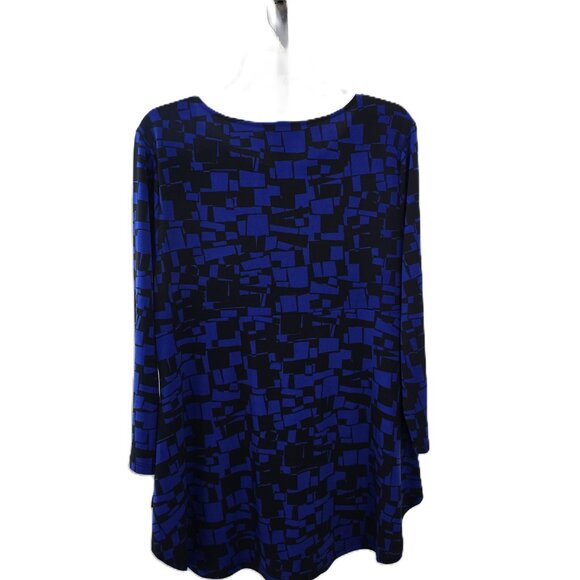 Chaus New York Scoop Neck 3/4 Sleeve Round Hem Printed Top Blue Black XL - Picture 2 of 6